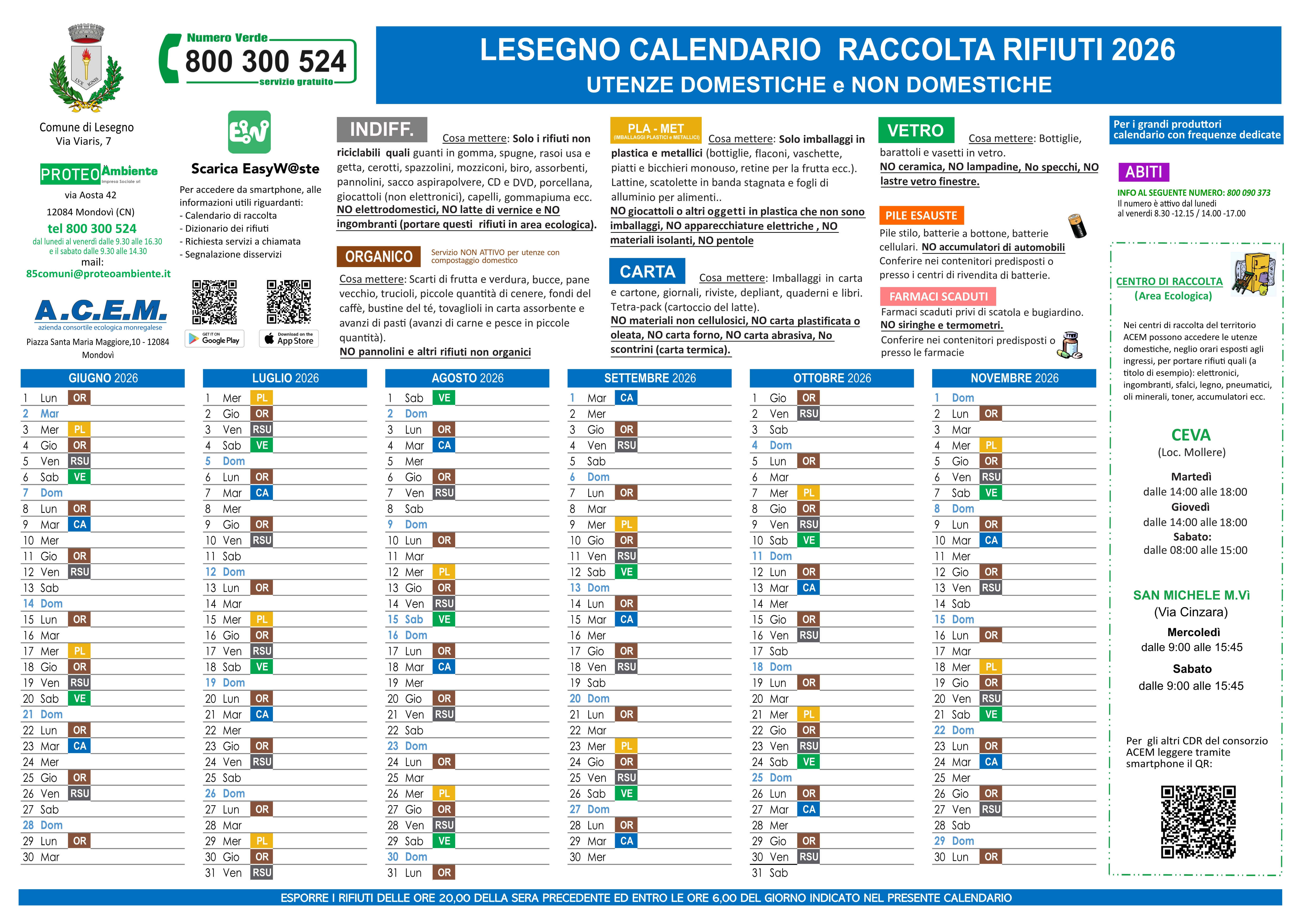 Calendario rifiuti dicembre 2025 - novembre 2026